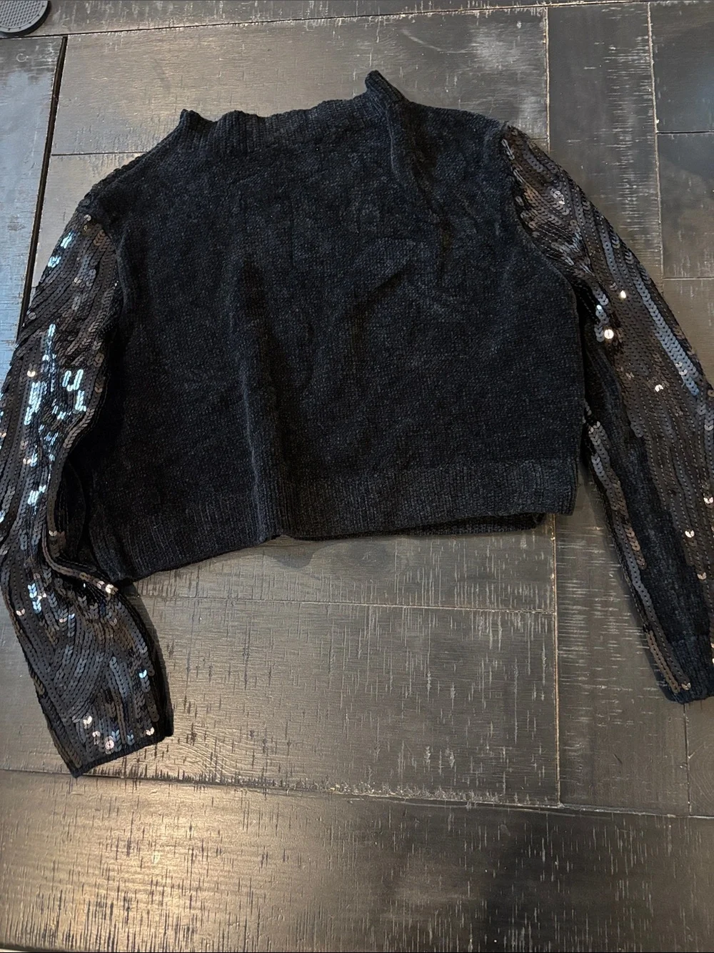 Zara Black Zara Sequin Embellished Chenille Cropped Sweater Size Small